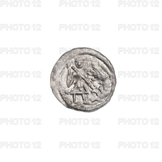 denarius, Boleslaw III Krzywousty (prince of Poland; 1086–1138), allegories, equal-armed cross, crosses, spearhead (issue mark), chain mail, mouth, martyrs, knight, Romanesque (style), dragon, Middle Ages, fight between good and evil, fight against pagans, spear, Adalbert (Saint; ca. 956–997). Obverse: in the beaded border, a knight in chain mail thrusting a spearhead into the jaws of an upside-down dragon; under the knight's right elbow, a sun with a dot. Reverse: in the triple beaded border, an isosceles cross topped with suns; between its arms, in two quarters two radiating spheres (smaller ones closer to the center, larger ones farther out), in the other two quarters one sphere each. ca. 1125–1138, Poland, Kraków, coin; diameter 12.1–12.5 mm, weight 0.24 g.
