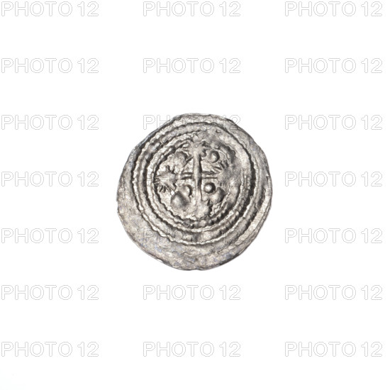 denarius, Boleslaw III Krzywousty (prince of Poland; 1086–1138), allegories, equal-armed cross, crosses, spearhead (issue mark), chain mail, mouth, martyrs, knight, Romanesque (style), dragon, Middle Ages, fight between good and evil, fight against pagans, spear, Adalbert (Saint; ca. 956–997). Obv.: In the beaded border, a knight in chain mail thrusting a spearhead into the jaws of a dragon turned upside down. Under the knight's right elbow, a sun with a dot. Rv.: In the triple beaded border, an isosceles cross topped with suns. Between its arms, in two quarters, two radiating spheres (smaller ones closer to the center of the cross, larger ones), in the other two quarters, one sphere each. ca. 1125–1138, Poland, Kraków; coin; diameter 12.1–12.5 mm; weight 0.24 g