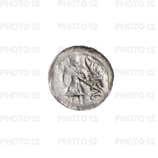 denarius, Boleslaw III Krzywousty (prince of Poland; 1086–1138 / 1107–1138), allegories, spearhead (issue mark), equal-armed cross, chain mail, crosses, jaws, knight, martyrs, Romanesque (style), knights, dragons, dragon, Middle Ages, fight between good and evil, Adalbert (Saint; ca. 956–997), fight against pagans, spear, spears, Obv. In the linear border, a knight in chain mail thrusting a spearhead into the jaws of a dragon turned upside down. Rv. In the triple beaded border, an isosceles cross topped with spheres (one dot on each). A dot at the crossing of the arms. Between them, one sun (one dot on each of the spheres). ca. 1125–1138, Poland, Kraków, coin, diameter 12.5–12.9 mm, weight 0.65 g