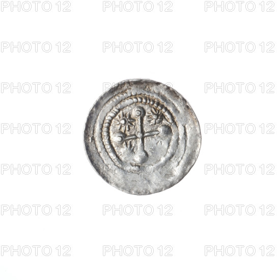 denarius, Boleslaw III Krzywousty (prince of Poland; 1086–1138 / reign 1107–1138), Romanesque style, ca. 1125–1138, Poland, Kraków; coin (denarius); diameter 12.5–12.9 mm; weight 0.65 g. Obverse: in the linear border, a knight in chain mail thrusting a spearhead into the jaws of an inverted dragon. Reverse: in the triple beaded border, an isosceles cross topped with spheres (one dot on each), a dot at the crossing of the arms, and a sun (dot) between the spheres. Iconography/allegories: spearhead (issue mark), equal-armed cross, chain mail, crosses, jaws, knight, martyrs, knights, dragons, dragon, Middle Ages, fight between good and evil, Adalbert (Saint; ca. 956–997), fight against pagans, spear, spears.