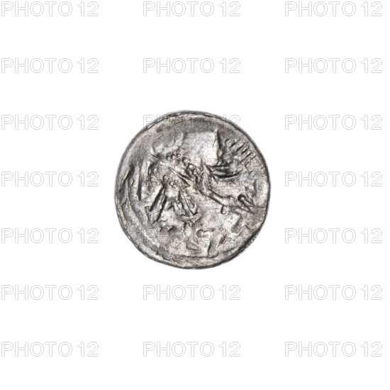 denarius, Boleslaw III Krzywousty (prince of Poland; 1086–1138), allegories, equal-armed cross, spearhead (issue mark), chain mail, jaws, martyrs, crosses, knight, Romanesque (style), dragons, knights, dragon, fight against pagans, Adalbert (Saint; ca. 956–997), fight between good and evil, spear, Middle Ages, Obv. In the beaded border, a knight in chain mail thrusting a spearhead into the jaws of a dragon turned upside down. At the knight's left foot, a figure resembling the number '7.' The angle is directed toward the foot. The vertices of the figure are marked with dots. Rv. In the triple beaded border, an isosceles cross topped with spheres (one of them with a dot). At the intersection of the arms, a dot. Between them, one dot closer to the center, one sun closer to the ends. ca. 1125–1138, Poland, Kraków, coin, diameter 12.2–12.7 mm, weight 0.42 g