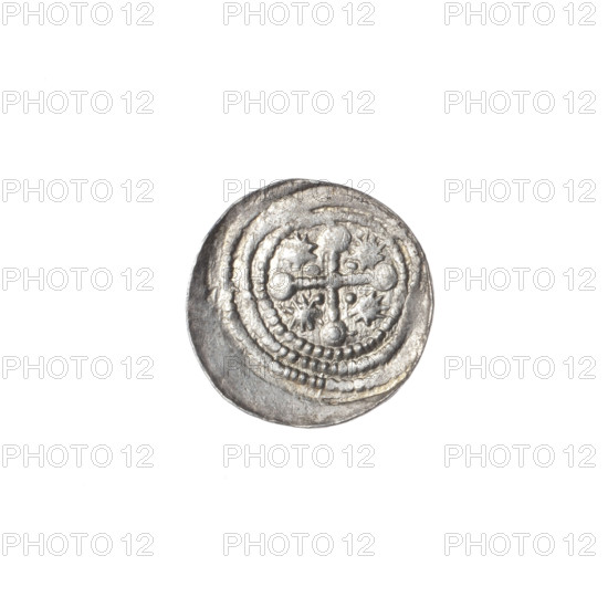 denarius, Boleslaw III Krzywousty (prince of Poland; 1107–1138), allegories, equal-armed cross, spearhead (issue mark), chain mail, jaws, martyrs, crosses, knight, Romanesque (style), dragons, knights, dragon, fight against pagans, Adalbert (Saint; ca. 956–997), fight between good and evil, spear, Middle Ages, Obv. In the beaded border, a knight in chain mail thrusting a spearhead into the jaws of a dragon turned upside down. At the knight's left foot, a figure resembling the number '7.' The angle is directed toward the foot. The vertices of the figure are marked with dots. Rv. In the triple beaded border, an isosceles cross topped with spheres (one of them with a dot). At the intersection of the arms, a dot. Between them, one dot closer to the center, one sun closer to the ends. ca. 1125–1138, Poland, Kraków, coin, diameter 12.2–12.7 mm, weight 0.42 g