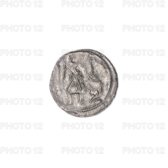 Denarius, Boleslaw III Krzywousty (Prince of Poland; reign 1107–1138). c. 1125–1138. Obverse: in a beaded border, a knight in chain mail driving a spearhead into the mouth of an upside-down dragon; under the knight's right elbow an isosceles cross with arms terminating in balls. Reverse: in a triple beaded border, an isosceles cross terminating in balls with a ball at the intersection of the arms; between the arms are single balls (three of them with one dot); on one arm, closer to the center, a crossbar; one arm intersects the other at approximately 1/3 of its length. Iconography: crosses, isosceles cross, spearhead issue mark, chain mail. Coin; Poland, Kraków. Diameter 12.2–12.6 mm; weight 0.45 g.