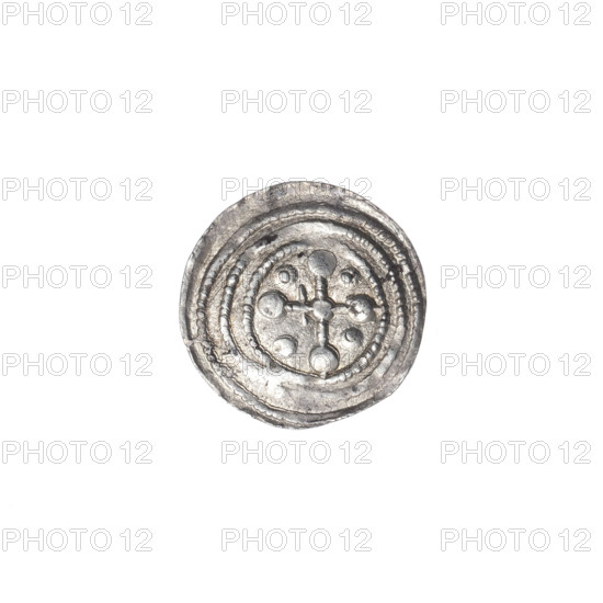 Denarius, Boleslaw III Krzywousty (Prince of Poland; 1107–1138). c. 1125–1138. Obverse: in a beaded border, a knight in chain mail driving a spearhead into the mouth of an upside-down dragon; under the knight's right elbow an isosceles cross with arms terminating in balls. Reverse: in a triple beaded border, an isosceles cross terminating in balls with a ball at the intersection of the arms; between the arms one ball (three of them have one dot); on one arm, closer to the center, a crossbar; one arm intersects the other at approximately 1/3 of its length. Iconography: isosceles cross, crosses, spearhead, chain mail. Coin; Poland, Kraków. Diameter 12.2–12.6 mm; weight 0.45 g.