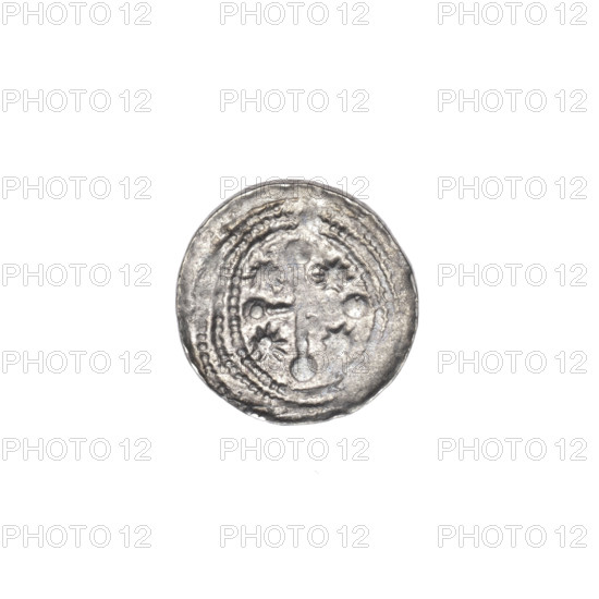 denarius, Boleslaw III Krzywousty (prince of Poland; 1107–1138), allegories, spearhead (issue mark), equal-armed cross (iconographic), chain mail (iconographic), jaws (iconographic), chain mails, martyrs, knight (iconographic), Romanesque (style), jaws, dragons, dragon (iconographic), fight between good and evil (iconographic), Middle Ages, spear (iconographic), fight against pagans (iconographic), Adalbert (Saint; ca. 956–997), spears, knights, Obv. In the beaded border, a knight in chain mail thrusting a spearhead into the jaws of a dragon turned upside down. Under the knight's right elbow, three dots forming a triangle. Under the knight's left elbow, two dots, one above the other. Rv. In the elliptical, triple beaded border, an isosceles cross topped with balls (two of them with a single dot). Between its arms, a single sun (one with a dot; on the others, perhaps as well — observation is made more difficult by lack of striking of this part of the coin field). ca. 1125–1138, Poland, ...
