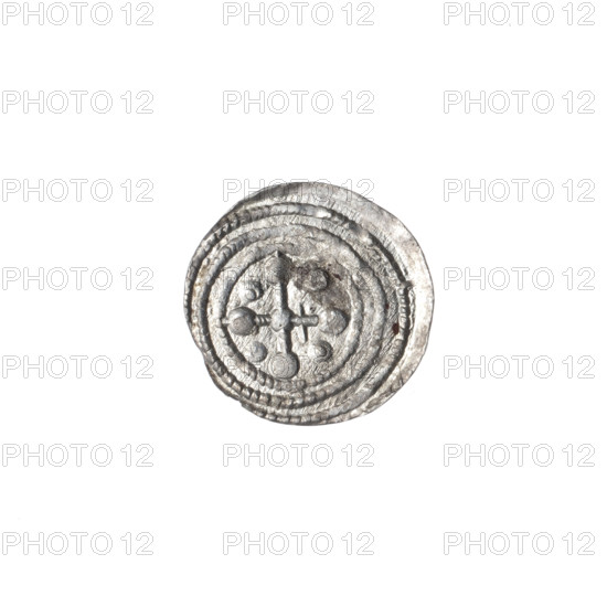 Denarius of Boleslaw III Krzywousty (prince of Poland; reign 1107–1138). Obverse (in the beaded border): a knight in chain mail thrusting a spearhead into the jaws of an upside-down dragon; under the knight's right elbow, an isosceles cross with arms terminating in balls. Reverse (in the triple beaded border): an isosceles cross terminating in balls; at the intersection a ball, with one ball between each arm (three of them show one dot each; the fourth is obscured), and a crossbar on one arm nearer the center. Allegorical Romanesque imagery: knight, dragon, fight between good and evil, martyrs; motifs include equal-armed cross, crosses, jaws, spearhead (issue mark), chain mail, spears. Inscription/attribution: Boleslaw III Krzywousty. Date: ca. 1125–1138. Place: Kraków, Poland. Medium: coin (denarius). Diameter: ca. 12.2–12.6 mm. Weight: 0.36 g.