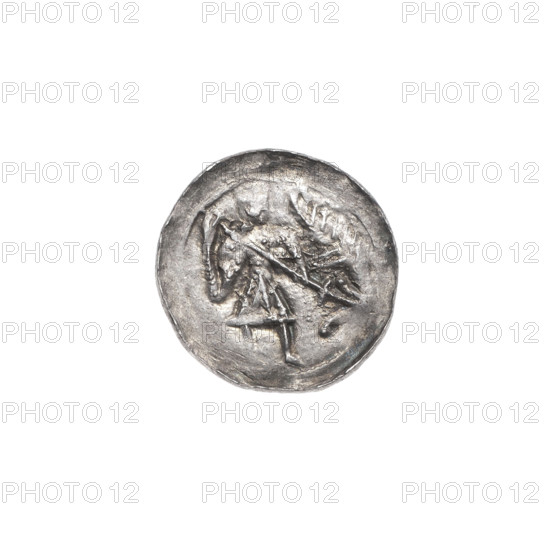 denarius, Boleslaw III Krzywousty (Prince of Poland; 1107–1138), allegories, Boleslaw III Krzywousty (Prince of Poland; 1086–1138), spearhead (issue mark), equal-armed cross, crosses, chain mail, mouth, chain mail, martyrs, knight, Romanesque (style), mouths, dragons, knights, dragon, fight between good and evil, Middle Ages, Adalbert (Saint; ca. 956–997), spear, fight against pagans, spears. Obv.: In the beaded border, a knight in chain mail thrusting a spearhead into the jaws of a dragon turned upside down. Rv.: In the triple beaded border, an isosceles cross topped with spheres (one of them with a dot). At the crossing of the arms, a dot. Between them, one sun (three of them with one dot). ca. 1125–1138, Poland, Kraków, coin, diameter 13.4 mm; diameter 14.1 mm; weight 0.61 g