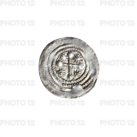Denarius, Boleslaw III Krzywousty (Prince of Poland; 1107–1138). Obverse: in beaded border, a knight in chain mail thrusting a spearhead into the jaws of an upside-down dragon; depiction evokes martyrs, knights, dragons, fight between good and evil, fight against pagans; Romanesque style; inscriptions/marks: spearhead (issue mark). Reverse: in triple beaded border, an isosceles cross topped with spheres (one with a dot); at crossing of arms, a dot; between arms, one sun (three of them with one dot). Associated figures: Boleslaw III Krzywousty (born 1086–1138), Adalbert (Saint; ca. 956–997). Date: ca. 1125–1138. Place: Poland, Kraków. Object type: coin. Diameter: 13.4–14.1 mm. Weight: 0.61 g. Style: Romanesque.