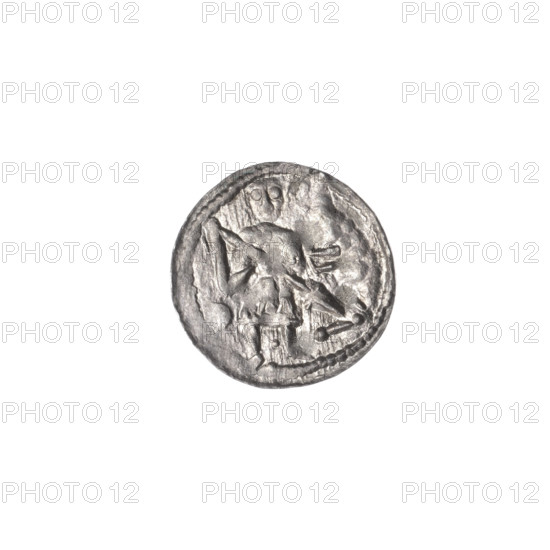 denarius, Boleslaw III Krzywousty (prince of Poland; 1107–1138), allegories, spearhead (issue mark), crosses, equal-armed cross, chain mail, jaws, martyrs, Romanesque (style), knight, dragon, Adalbert (St.; ca. 956–997), fight against pagans, Middle Ages, fight between good and evil, spear, ca. 1125–1138, Kraków, Poland, coin; Obv.: in the beaded border, a knight in chain mail thrusting a spearhead into the jaws of an upside-down dragon; a ball under the knight's right elbow; a dot between his legs. Rv.: in the triple beaded border, an isosceles cross topped with balls; between its arms, one ball (one with a dot). Diameter 12.3–12.8 mm; weight 0.37 g.