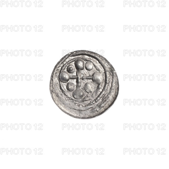 denarius, Boleslaw III Krzywousty (prince of Poland; 1086–1138), allegories, spearhead (issue mark), crosses, equal-armed cross, chain mail, jaws, martyrs, Romanesque (style), knight, dragon, Adalbert (St.; ca. 956–997), fight against pagans, Middle Ages, fight between good and evil, spear, Obv.: in the beaded border, a knight in chain mail thrusting a spearhead into the jaws of a dragon turned upside down; a ball under the knight's right elbow; a dot between his legs. Rv.: in the triple beaded border, an isosceles cross topped with balls; between its arms, one ball (one of them with a dot). ca. 1125–1138, Kraków, Poland; coin; diameter 12.3–12.8 mm; weight 0.37 g