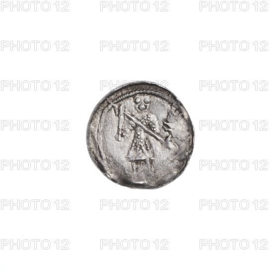denarius, Boleslaw III Krzywousty (prince of Poland; 1086–1138), allegories, equal-armed cross, spearhead (issue mark), chain mail, crosses, mouth, knight, martyrs, Romanesque (style), knights, dragons, dragon, mouths, fight between good and evil, Adalbert (Saint; ca. 956–997), fight against pagans, Middle Ages, spears, spear. Obv.: In the beaded border, a knight in chain mail thrusting a spearhead into the jaws of a dragon turned upside down. Rv.: In the triple beaded border, an isosceles cross topped with balls. Between its arms, in two quarters, two radiating balls each (smaller ones closer to the center of the cross, larger ones with dots), in the next two quarters, one ball each (one dot on each). Ca. 1125–1138, Kraków, Poland. Coin; diameter 12.0–12.2 mm; weight 0.42 g.