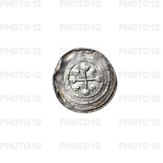 denarius, Boleslaw III Krzywousty (prince of Poland; 1086–1138 / reign 1107–1138), allegorical imagery, equal-armed cross, spearhead (issue mark), chain mail, crosses, knight, martyrs, Romanesque style, dragons, fight between good and evil, Adalbert (Saint; ca. 956–997), fight against pagans. Obverse: in beaded border, a knight in chain mail thrusting a spearhead into the jaws of an upside-down dragon. Reverse: in triple beaded border, an isosceles cross topped with balls; between its arms, two quarters with two radiating balls each (smaller near center, larger with dots), and two quarters with one ball each (one dot on each). ca. 1125–1138; Kraków, Poland. Coin; diameter 12.0–12.2 mm; weight 0.42 g.