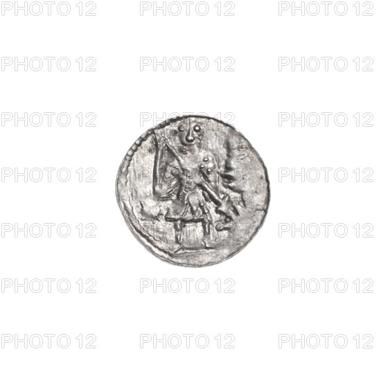 Denarius, Boleslaw III Krzywousty (Prince of Poland; 1107–1138). Obv: In the beaded border, a knight in chain mail thrusting a spearhead into the jaws of a dragon turned upside down; a sun under the knight's right elbow. Rv: In the triple beaded border, an isosceles cross topped with balls; between its arms, one ball. Allegories: fight between good and evil, fight against pagans; iconographic elements: spearhead, spears, chain mail, equal-armed cross, jaws, knight, dragon, Adalbert (Saint, ca. 956–997), martyrs, dragons. Romanesque style. Ca. 1125–1138, Kraków, Poland. Coin; diameter 12.1–12.5 mm; weight 0.41 g.