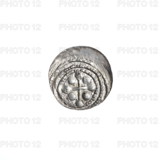 denarius, Boleslaw III Krzywousty (Prince of Poland; 1107–1138), allegories, spearhead (issue mark), chain mail (iconographic), crosses, equal-armed cross (iconographic), jaws (iconographic), knight (iconographic), martyrs, Romanesque (style), knights, dragons, dragon (iconographic), Adalbert (Saint; ca. 956–997), fight between good and evil (iconographic), Middle Ages, fight against pagans (iconographic), spear (iconographic), Obv. In the beaded border, a knight in chain mail thrusting a spearhead into the jaws of a dragon turned upside down. A sun under the knight's right elbow. Rv. In the triple beaded border, an isosceles cross topped with balls. Between its arms, one ball. ca. 1125–1138, Kraków, Poland, coin, diameter 12.1–12.5 mm, weight 0.41 g