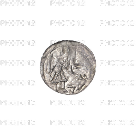 denarius, Boleslaw III Krzywousty (prince of Poland; 1107–1138), Boleslaw III Krzywousty (prince of Poland; 1086–1138), allegories, equal-armed cross, crosses, spearhead (issue mark), jaws, chain mail, martyrs, knight, Romanesque (style), jaws, knights, dragons, dragon, Adalbert (Saint; ca. 956–997), fight between good and evil, Middle Ages, fight against pagans, spear, spears. Obv. In the beaded border, a knight in chain mail thrusting a spearhead into the jaws of a dragon turned upside down. At the knight's left foot, a figure resembling the number '7.' Its angle is directed toward the foot. The vertices of the figure are marked with dots. Rv. In the triple beaded border, an isosceles cross topped with spheres (one of them with a dot). At the intersection of the arms, a dot. Between them, one dot closer to the center, one sun closer to the ends. ca. 1125–1138, Poland, Kraków, coin, diameter 12.2 mm–12.8 mm, weight 0.36 g