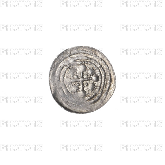 denarius, Boleslaw III Krzywousty (prince of Poland; 1086–1138), allegories, equal-armed cross, crosses, spearhead (issue mark), jaws, chain mail, martyrs, knight, Romanesque (style), dragons, dragon, Adalbert (Saint; ca. 956–997), fight between good and evil, Middle Ages, fight against pagans, spear, spears. Obv.: In the beaded border, a knight in chain mail thrusting a spearhead into the jaws of a dragon turned upside down. At the knight's left foot, a figure resembling the number '7' angled toward the foot; the vertices of the figure are marked with dots. Rv.: In the triple beaded border, an isosceles cross topped with spheres (one with a dot). At the intersection of the arms, a dot; between the arms, one dot closer to the center and one sun-like symbol closer to the ends. ca. 1125–1138. Poland, Kraków. Coin; diameter 12.2–12.8 mm; weight 0.36 g.