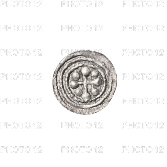denarius, Boleslaw III Krzywousty (prince of Poland; 1086–1138), allegories, equal-armed cross, spearhead (issue mark), jaws, chain mail, martyrs, knight, Romanesque (style), knights, dragons, dragon, Middle Ages, Adalbert (St.; ca. 956–997), fight between good and evil, fight against pagans, spear, spears. Obv. In the beaded border, a knight in chain mail thrusting a spearhead into the jaws of a dragon turned upside down. Rv. In the triple beaded border, an isosceles cross topped with balls. Between its arms, one ball. One arm intersects the other at approximately 1/3 of its length. ca. 1125–1138, Poland, Kraków, coin, diameter 11.7 mm–12.6 mm, weight 0.28 g
