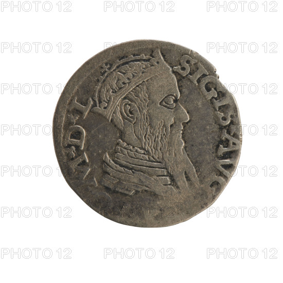 Lithuanian two-grosz, Sigismund II Augustus (King of Poland; 1544–1572). Jagiellonian dynasty. Obverse: crowned male bust in armour turned right, separating the rim inscription SIGIS.AV, MDL. Reverse: under the ducal mitre, two coats of arms (Pogon and Columns of Gediminas/Kolumny), below the value number II; inscription around the rim MONE.MAGN, CA.LITV. Date 1565. Mint: Vilnius, Grand Duchy of Lithuania (Poland–Lithuania). Coin; diameter 20.0–20.4 mm, weight 1.93 g.