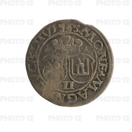 Lithuanian two-grosz, Sigismund II Augustus (King of Poland; 1544–1572), Jagiellonians (dynasty); coats of arms; royal bust; Polish coins; Sigismund II Augustus (King of Poland; 1520–1572) — iconography; male busts; Columns of Giedymin (coat of arms); Pogon (coat of arms, Lithuania). Obverse: Crowned male bust in armour turned right, separating the rim inscription at the top: SIGIS.AV, MDL. Reverse: Under the ducal mitre, two coats of arms with the Pogon and Kolumny coats of arms, below the value number II, inscription around the rim: MONE.MAGN, CA.LITV. 1565. Date: 1565. Place: Vilnius, Grand Duchy of Lithuania (Poland–Lithuania). Coin; diameter 20.0–20.4 mm; weight 1.93 g.