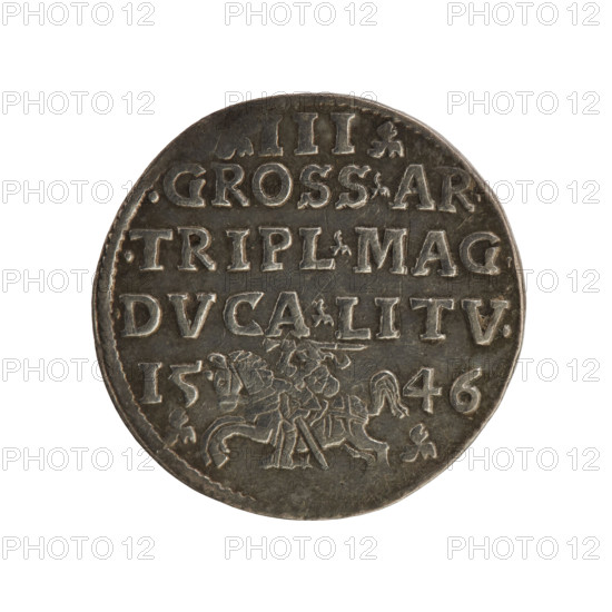 Obverse: Crowned male bust in armour turned right, rim inscription SIGIS.AVG.REX.POLO.MDLI. Reverse: Value number III above three-line inscription .GROSS.AR./.TRIPL.MAG./.DVCA.LITV., below the Lithuanian Pogon (Chase) divides the date 15-46 (1546). Lithuanian troika; Sigismund II Augustus (King of Poland, 1520–1572); Jagiellon dynasty; Polish coin; royal male bust; iconography of Sigismund II Augustus. Coin, diameter ~21.2–21.6 mm, weight 2.6 g.