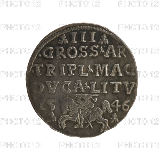 Lithuanian trojak, Sigismund II Augustus (King of Poland; 1544–1572); coats of arms; Jagiellonians (dynasty); royal bust; Polish coins; Sigismund II Augustus (King of Poland; 1520–1572) - iconography; male busts; Pogon (coat of arms; Lithuania). Obverse: crowned male bust in armour turned right, separating the rim inscription at the top: SIGIS.AVG.REX.POLO.MDLI. Reverse: value number III under which the inscription in three lines: .GROSS.AR./.TRIPL.MAG/.DVCA.LITV.; below the Lithuanian Chase divides the year 15 - 46 (1546). Place: Vilnius, Grand Duchy of Lithuania, Poland. Coin; diameter 21.0–21.6 mm; weight 2.6 g.
