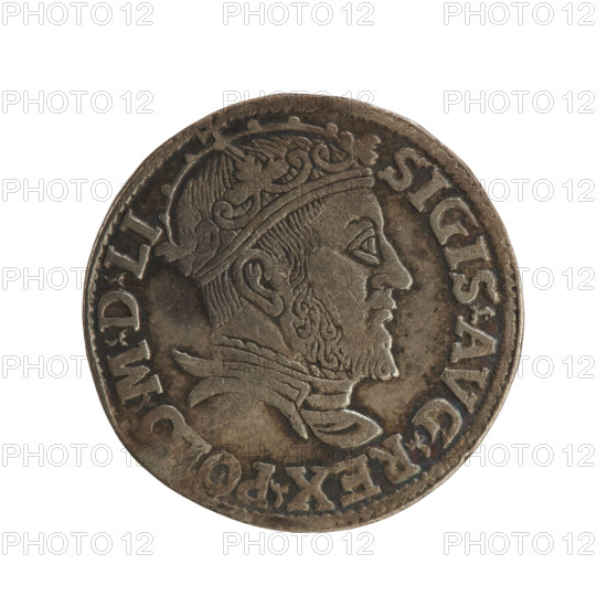 Lithuanian troika; Sigismund II Augustus (King of Poland, 1544–1572); coats of arms; Jagiellons (dynasty); royal bust; Polish coin; iconography of Sigismund II Augustus (1520–1572); Pogon (coat of arms; Lithuania); male busts. Obverse: crowned male bust in armour turned right, separating the rim inscription at the top: SIGIS.AVG.REX.POLO.MDLI. Reverse: value number III with inscription in three lines: .GROSS.AR./.TRIPL.MAG./.DVCA.LITV.; below the Lithuanian Chase divides the year 15 - 46 (1546). Minted in Vilnius, Grand Duchy of Lithuania. Coin diameter 21.4–21.6 mm; weight 2.54 g.