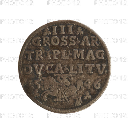 Troika featuring Sigismund II Augustus (King of Poland, 1544–1572); coats of arms of the Jagiellons dynasty; royal male bust. Iconography: crowned male bust in armour turned right (obverse) with rim inscription SIGIS.AVG.REX.POLO.MDLI. Reverse: value number III and three-line inscription .GROSS.AR./.TRIPL.MAG./.DVCA.LITV., Lithuanian Pogon (Chase) coat of arms dividing the date 15 - 46 (1546). Coin struck in Vilnius, Grand Duchy of Lithuania; diameter ~21.4–21.6 mm; weight 2.54 g.
