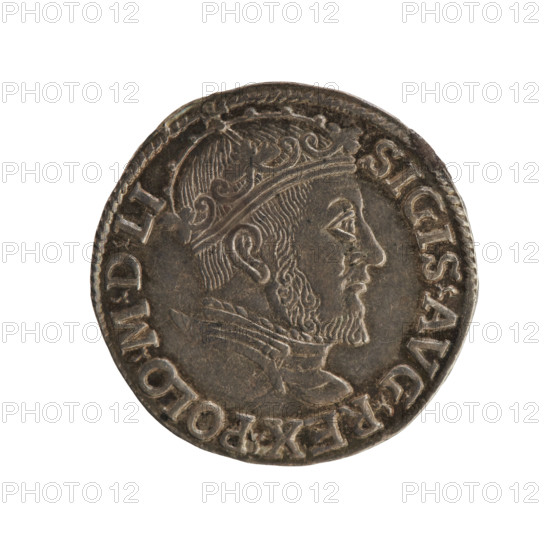 Lithuanian troika; Sigismund II Augustus (King of Poland; 1520–1572); Jagiellon dynasty; emblems; royal bust; Polish coins; male busts; Pogon (coat of arms; Lithuania); iconography. Obverse: crowned male bust in armour turned right, separating the rim inscription at the top: 'SIGIS.AVG.REX.POLO.MDLI'. Reverse: value number III under which the inscription in three lines: '.GROSS.AR./.TRIPL.MAG./DVCA.LITVA.'; below the Lithuanian Chase divides the year 15 - 47 (1547). Mint: Vilnius, Grand Duchy of Lithuania. Coin; diameter 21.0–21.3 mm; weight 2.37 g.