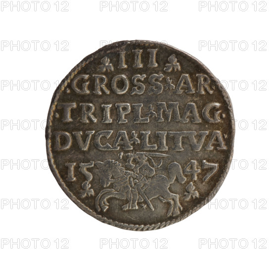 Lithuanian troika; Sigismund II Augustus (King of Poland; 1520–1572); Jagiellons (dynasty); emblems; royal bust; Polish coins; male busts; Pogon (coat of arms; Lithuania); iconography. Obv.: Crowned male bust in armour turned right, separating the rim inscription at the top: SIGIS.AVG.REX.POLO.MDLI. Rev.: Value number III under which the inscription in three lines: .GROSS.AR./.TRIPL.MAG./DVCA.LITVA.; below the Lithuanian Chase divides the year 15 - 47 (1547). Place: Vilnius, Grand Duchy of Lithuania, Poland. Coin. Diameter 21.0–21.3 mm; weight 2.37 g.