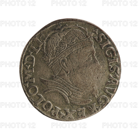 Lithuanian trojak forgery of Sigismund II Augustus (King of Poland; 1544–1572), after the original. Obverse: crowned male bust in armour turned right, rim inscription .SIGIS.AVG.REX.POLO.MDLI. Reverse: value number III with inscription in three lines .GROSS.AR./.TRIPL.MAG./DVCA.LITVA, Lithuanian Pogon (chase) divides the year 15–56. After 1556, Vilnius; related to Poland and the Grand Duchy of Lithuania. Subjects: Sigismund II Augustus iconography, royal male busts, Jagiellonian coats of arms. Coin (forgery/counterfeit). Diameter ~22.0–22.5 mm; weight 2.32 g.