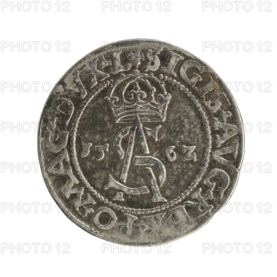 Lithuanian trojak, Sigismund II Augustus (king of Poland; 1544–1572); emblems of the Jagiellon dynasty; SA tied royal monogram beneath a crown on the obverse with date 15-6Z and rim inscription .SIGIS.AVG.REX.PO.MAG.DVX.L; reverse showing the Lithuanian Pogon (Pursuit) facing left, below the value III and the Column coat of arms dividing the rim inscription .GROSS.AR.TR - MAG.DVCA.LI; dated 1562, struck in Vilnius, Grand Duchy of Lithuania; silver coin, diameter 23.0 mm, weight 3.07 g.