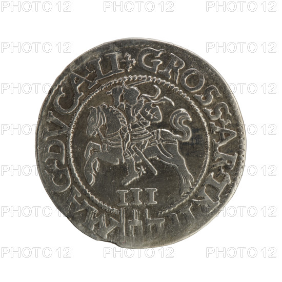 Lithuanian trojak, Sigismund II Augustus (king of Poland; 1544–1572); emblems of the Jagiellon dynasty; Polish coin with SA tied monogram and Pogon (coat of arms); royal tied monograms. Obverse: under the crown a tied monogram composed of the letters SA, flanked by the date 15 - 6Z, inscription around the rim: .SIGIS.AVG.REX.PO.MAG.DVX.L. Reverse: Lithuanian Pogon (Pursuit) facing left, below the value number III and the Column coat of arms dividing the rim inscription: .GROSS.AR.TR, - MAG.DVCA.LI, 1562. Vilnius, Grand Duchy of Lithuania. Coin; diameter 23.0 mm; weight 3.07 g.