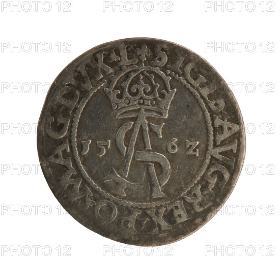 Lithuanian troika, Sigismund II Augustus (king of Poland; 1544–1572), Jagiellon dynasty; emblems; Polish coin; SA tied royal monogram under a crown (obverse); year 1562 (on sides: 15 - 6Z); rim inscription: .SIGIS.AVG.REX.PO.MAG.DVX.L; reverse: Lithuanian Pogon (Pursuit) facing left, below the value number III and Column coat of arms dividing the rim inscription: .GROSS.AR.TRIP - MAG.DVCA.LI; struck in Vilnius, Grand Duchy of Lithuania; coin; diameter ~22.8–23.0 mm; weight 2.9 g.