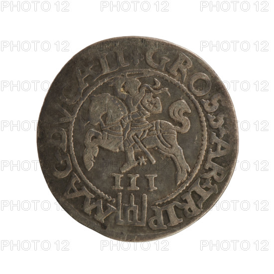 Lithuanian troika, Sigismund II Augustus (king of Poland; 1544–1572), Jagiellon dynasty, emblems, Polish coins, SA monogram, monograms, royal monograms, Pogon (coat of arms; Lithuania), tied monograms. Obv: under the crown a tied monogram composed of the letters SA, flanked by the year 15 - 6Z; rim inscription: .SIGIS.AVG.REX.PO.MAG.DVX.L. Rev: Lithuanian Pogon facing left, below the value number III and the Column coat of arms dividing the rim inscription: .GROSS.AR.TRIP - MAG.DVCA.LI. 1562, Vilnius, Grand Duchy of Lithuania. Coin; diameter 22.8–23.0 mm; weight 2.9 g.