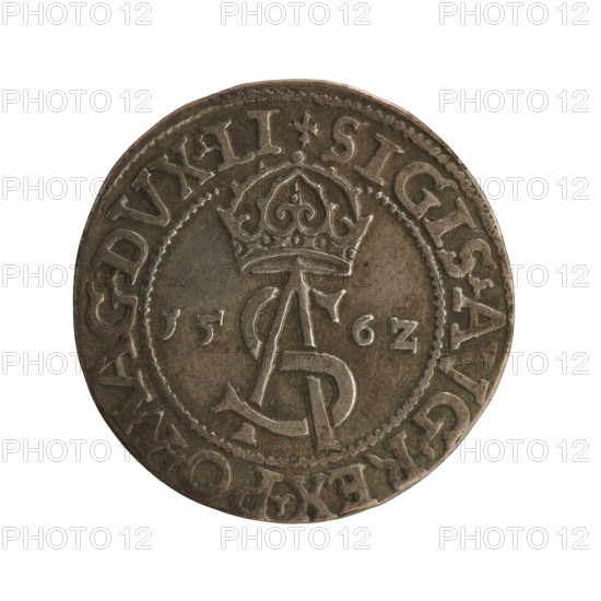 Lithuanian troika, Sigismund II Augustus (king of Poland; 1544–1572), Jagiellon dynasty, emblems, Polish coins, Pogon (emblem; Lithuania), royal monograms, tied monogram composed of the letters SA under the crown, year on sides: 15 - 6Z, inscription around rim: .SIGIS.AVG.REX.PO.MAG.DVX.LI, reverse: Lithuanian Pursuit facing left, below the value number III and the Column coat of arms dividing the rim inscription: .GROSS.AR.TRIPL-MAG.DVCA.LI, dated 1562, Vilnius, Grand Duchy of Lithuania, coin, diameter 22.6–22.9 mm, weight 2.84 g