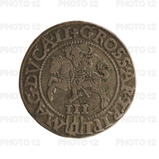 Lithuanian troika, Sigismund II Augustus (king of Poland; 1544–1572), Jagiellon dynasty; emblems; Polish coins; Pogon (emblem; Lithuania); royal tied monogram composed of the letters SA under the crown; on the sides the year: 15 - 6Z; inscription around the rim: .SIGIS.AVG.REX.PO.MAG.DVX.LI; reverse: Lithuanian Pursuit facing left, below the value number III and the Column coat of arms dividing the rim inscription: .GROSS.AR.TRIPL - MAG.DVCA.LI; 1562, Vilnius, Grand Duchy of Lithuania; coin; diameter 22.6–22.9 mm; weight 2.84 g.
