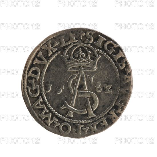 Lithuanian troika; Sigismund II Augustus (king of Poland, 1544–1572); emblems of the Jagiellons dynasty; Polish coins; Pogon (Lithuanian coat of arms); monograms — tied SA monogram under the crown; obverse: under the crown a tied monogram composed of the letters SA, flanked by the year 15 - 6Z, rim inscription: .SIGIS.AVG.REX.PO.MAG.DVX.LI; reverse: Lithuanian Pursuit (Pogon) facing left, below the value number III and the Column coat of arms dividing the rim inscription: .GROSS.AR.TRIP - MAG.DVCA.LI; dated 1562, Vilnius, Grand Duchy of Lithuania; coin; diameter 21.2–21.7 mm; weight 2.82 g.