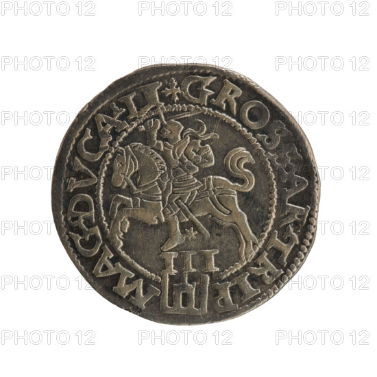 Lithuanian troika, Sigismund II Augustus (king of Poland; 1544–1572), emblems, Jagiellons (dynasty), Polish coins, Pogon (emblem; Lithuania), monograms, tied monograms, SA monogram, royal monograms. Obverse: under the crown a tied monogram composed of the letters SA, on the sides the year: 15 - 6Z, in the rim the inscription: .SIGIS.AVG.REX.PO.MAG.DVX.LI. Reverse: Lithuanian Pursuit facing left, below the value number III and the Column coat of arms dividing the inscription in the rim: .GROSS.AR.TRIP - MAG.DVCA.LI. 1562, Vilnius, Grand Duchy of Lithuania. Coin; diameter 21.2–21.7 mm; weight 2.82 g.