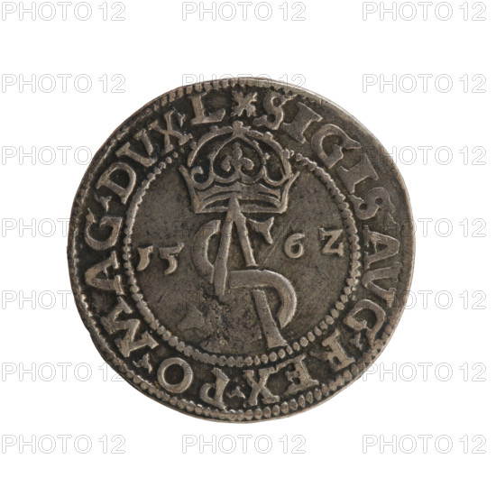 Lithuanian trojak, Sigismund II Augustus (king of Poland; 1544–1572), emblems, Jagiellon dynasty, Polish coins, SA monogram, monograms, royal monograms, Pogon (coat of arms; Lithuania), tied monograms. Obverse: under the crown a tied monogram composed of the letters SA, on the sides the year: 15 - 6Z, inscription around the rim: .SIGIS.AVG.REX.PO.MAG.DVX.L. Reverse: Lithuanian Pogon facing left, below the value number III and the Column coat of arms dividing the inscription in the rim: .GROSS.AR.TRIP - MAG.DVCA.LI. Date: 1562, place: Vilnius, Grand Duchy of Lithuania (Poland–Lithuania). Coin. Diameter 21.4–21.8 mm, weight 2.94 g.