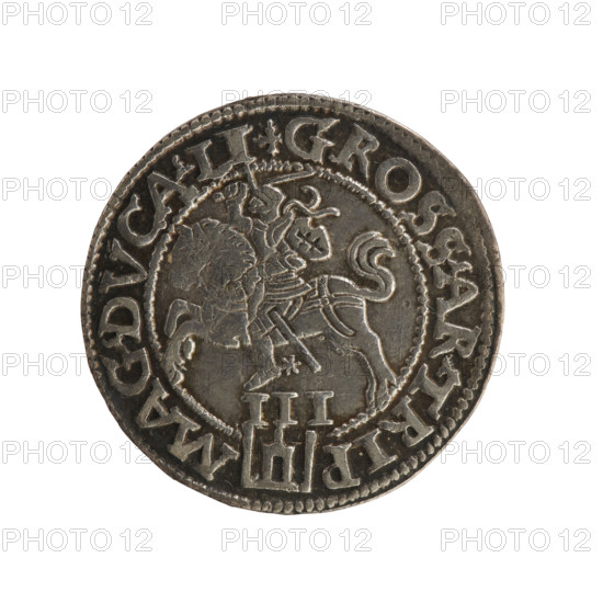 Lithuanian trojak, Sigismund II Augustus (king of Poland; 1544–1572); emblems of the Jagiellon dynasty; SA monogram (tied royal monogram); Pogon (Lithuanian coat of arms); monograms. Obverse: under the crown a tied monogram composed of the letters S A, year on sides: 15 - 6Z, inscription around rim: .SIGIS.AVG.REX.PO.MAG.DVX.L. Reverse: Lithuanian Pogon (Pursuit) facing left, below the value number III and the Column coat of arms dividing the rim inscription: .GROSS.AR.TRIP - MAG.DVCA.LI. Date: 1562, place: Vilnius, Grand Duchy of Lithuania (Poland–Lithuania). Coin; diameters 21.4 mm and 21.8 mm; weight 2.94 g.