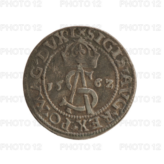 Lithuanian troika, Sigismund II Augustus (king of Poland; 1544–1572), Jagiellon dynasty; emblems; Polish coins; SA tied royal monogram under the crown flanked by the year 15 - 6Z; obverse rim inscription: .SIGIS.AVG.REX.PO.MAG.DVX.L. Reverse: Lithuanian Pogon (Pursuit) facing left, below the value number III and the Column coat of arms dividing the rim inscription: .GROSS.AR.TRIP - MAG.DVCA.LI. Date: 1562, struck in Vilnius, Grand Duchy of Lithuania. Coin; diameter ~21.0–21.4 mm; weight 3.02 g.