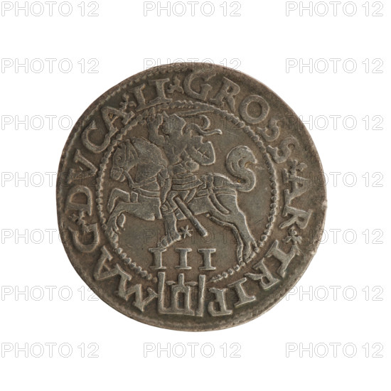 Lithuanian troika, Sigismund II Augustus (king of Poland; 1544–1572), Jagiellons (dynasty), emblems, Polish coins, SA monogram, Pogon (coat of arms; Lithuania), monograms, royal monograms, tied monograms. Obverse: Under the crown a tied monogram composed of the letters SA, on the sides the year: 15 - 6Z, in the rim an inscription: .SIGIS.AVG.REX.PO.MAG.DVX.L. Reverse: Lithuanian Pogon (Pursuit) facing left, below the value number III and the Column coat of arms dividing the inscription in the rim: .GROSS.AR.TRIP - MAG.DVCA.LI. Date: 1562, mint: Vilnius, Grand Duchy of Lithuania (Poland–Lithuania). Coin; diameter 21.0–21.4 mm; weight 3.02 g.