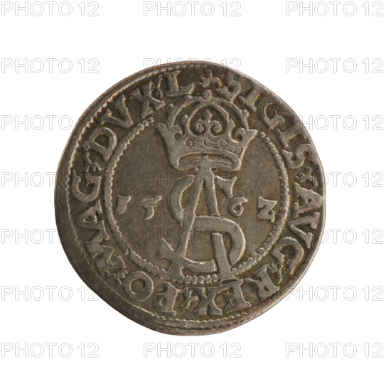 Lithuanian trojak, Sigismund II Augustus (king of Poland; 1544–1572); silver coin, 1562, Vilnius, Grand Duchy of Lithuania. Obverse: under the crown a tied monogram composed of the letters SA, with the year on the sides: 15 - 6Z; inscription around the rim: SIGIS.AVG.REX.PO.MAG.DVX.L. Reverse: Lithuanian Pogon (Pursuit) turned left, below the value number III and the Column coat of arms dividing the rim inscription: GROSS.AR.TRI - MAG.DVCA.LI. Features emblems of the Jagiellon dynasty, royal monogram SA, tied monograms, and Polish–Lithuanian heraldry.