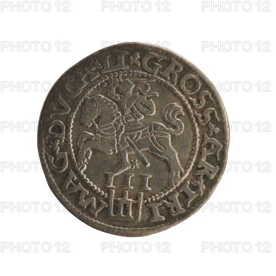Lithuanian trojak, Sigismund II Augustus (king of Poland; 1544–1572); silver coin dated 1562, struck in Vilnius, Grand Duchy of Lithuania (Poland). Obverse: under the crown a tied royal monogram composed of the letters S A, year on the sides 15 - 6Z, inscribed around the rim '.SIGIS.AVG.REX.PO.MAG.DVX.L', monogram style: tied monograms, monogram SA. Reverse: Lithuanian Pogon (Pursuit) turned left, below the value number III and the Column coat of arms dividing the rim inscription '.GROSS.AR.TRI - MAG.DVCA.LI'. Emblems of the Jagiellon dynasty; Polish-Lithuanian coin.