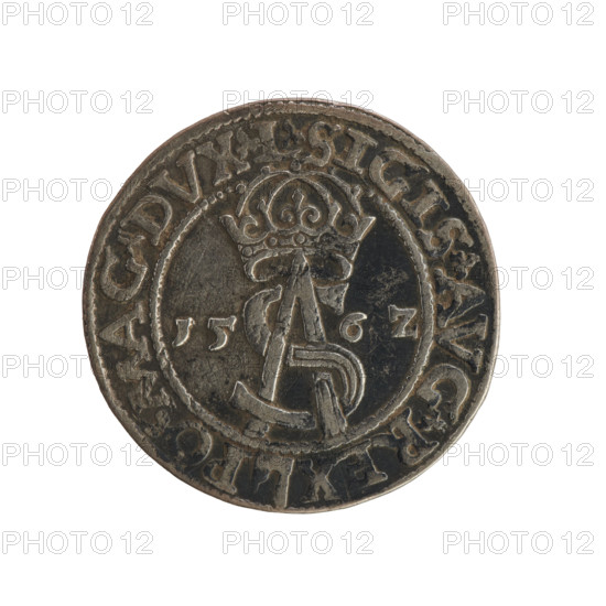 Lithuanian troika, Sigismund II Augustus (king of Poland; 1544–1572), Tarlo, Gabriel (ca. 1486–1565), coats of arms, Jagiellonians (dynasty), Polish coins, SA monogram, tied monograms, Pogon (coat of arms; Lithuania), monograms, royal monograms, heraldic shields, heraldic shields under a ducal mitre. Obverse: under the crown a tied monogram composed of the letters SA, flanked by the year 15 - 6Z; rim inscription divided by the Topór coat of arms: .SIGIS.AVG.REX - PO.MAG.DVX.L. Reverse: under the prince's mitre, a shield with the Lithuanian Pahonia and the value number III; rim inscription: GROSS.AR.TRIP.MAG.DVCA.LI. Date: 1562. Place: Vilnius, Grand Duchy of Lithuania (Poland–Lithuania). Coin. Diameter 21.2–21.5 mm. Weight 3.02 g.