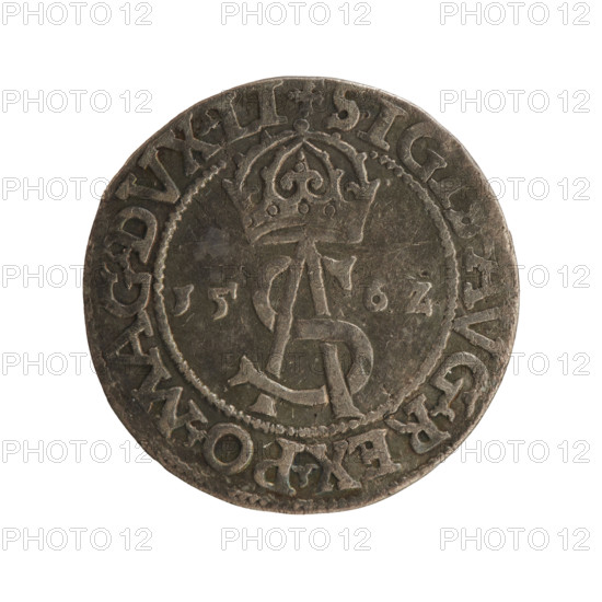 Lithuanian trojak, Sigismund II Augustus (king of Poland, 1544–1572); emblems of the Jagiellon dynasty; Pogon (Lithuanian coat of arms); monograms and tied royal monogram SA. Obverse: under the crown a tied monogram composed of the letters SA, year on the sides: 15 - 6Z, rim inscription: .SIGIS.AVG.REX.PO.MAG.DVX.LI. Reverse: Lithuanian Pursuit (Pogon) facing left, below the value number III, Column coat of arms dividing the rim inscription: .GROSS.AR.TRIPL - MAG.DVCA.LI. Dated 1562, struck in Vilnius, Grand Duchy of Lithuania (Poland–Lithuania). Coin; diameter ~22.2–22.5 mm; weight 2.85 g.
