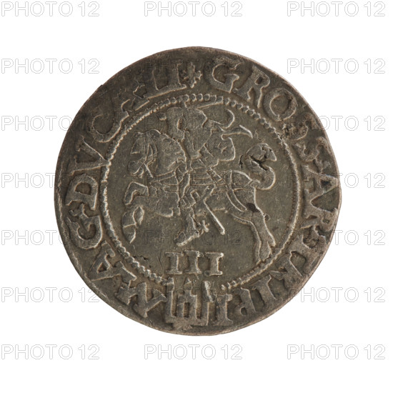 Lithuanian trojak, Sigismund II Augustus (king of Poland; 1544–1572). Obverse: under a crown a tied royal monogram composed of the letters SA, flanked by the year 15 - 6Z; rim inscription: .SIGIS.AVG.REX.PO.MAG.DVX.LI. Reverse: Lithuanian Pogon (Pursuit) facing left, below the value number III and the Column coat of arms dividing the rim inscription: .GROSS.AR.TRIPL - MAG.DVCA.LI. 1562, struck in Vilnius, Grand Duchy of Lithuania (Poland–Lithuania). Coin; diameter ~22.2–22.5 mm; weight 2.85 g.