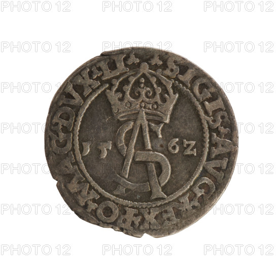 Lithuanian troika, Sigismund II Augustus (king of Poland; 1544–1572), emblems, Jagiellons (dynasty), Polish coins, Pogon (emblem; Lithuania), SA monogram, monograms, royal monograms, tied monograms. Obverse: under the crown a tied monogram composed of the letters SA, on the sides the year: 15 - 6Z, in the rim the inscription: .SIGIS.AVG.REX.PO.MAG.DVX.LI. Reverse: Lithuanian Pogon facing left, below the value number III and the Column coat of arms dividing the inscription in the rim: .GROSS.AR.TRIP - MAG.DVCA.LI. 1562, Vilnius, Grand Duchy of Lithuania; coin; diameter 20.6–21.5 mm; weight 2.67 g.