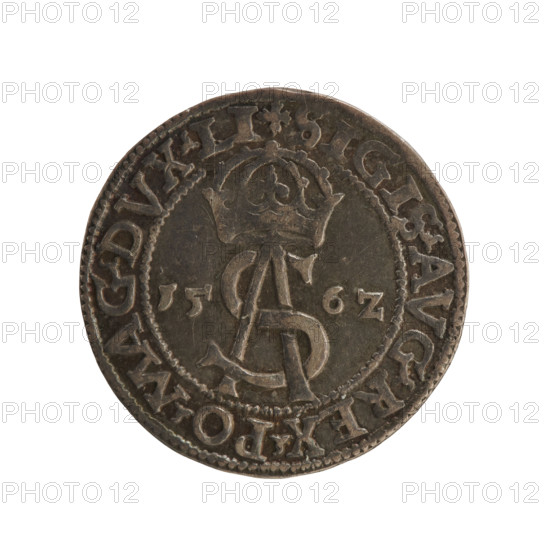 Lithuanian trojak, Sigismund II Augustus (king of Poland; 1544–1572). Obverse: under the crown a tied royal monogram composed of the letters SA, flanked by the year 15 - 6Z; rim inscription: SIGIS.AVG.REX.PO.MAG.DVX.LI. Reverse: Lithuanian Pogon (Pursuit) facing left, below the value number III and the Column coat of arms dividing the rim inscription: GROSS.AR.TRIP-MAG.DVCA.LI. Dated 1562, struck in Vilnius, Grand Duchy of Lithuania (Poland–Lithuania). Coin; diameter approx. 21.6–21.7 mm; weight 2.85 g.