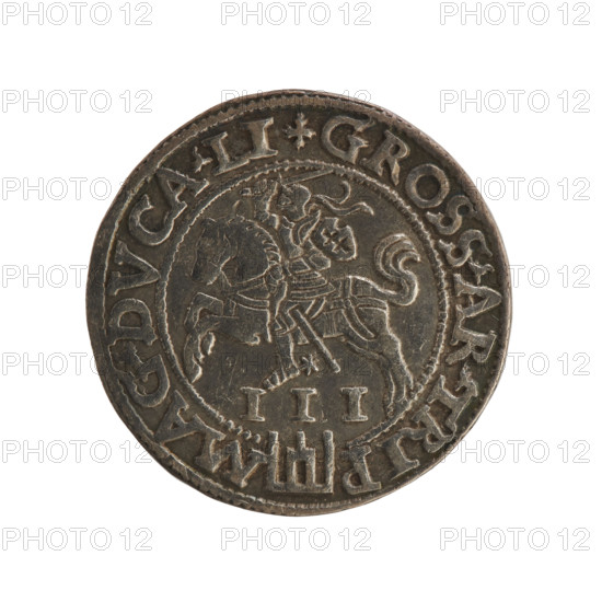 Lithuanian trojak, Sigismund II Augustus (king of Poland; 1544–1572); emblems of the Jagiellon dynasty; Polish coin with Pogon (Lithuanian Pursuit) and royal monograms. Obverse: under a crown a tied SA monogram, flanked by the year 15-6Z, rim inscription: .SIGIS.AVG.REX.PO.MAG.DVX.LI. Reverse: Lithuanian Pursuit facing left, below the value number III and the Column coat of arms dividing the rim inscription: .GROSS.AR.TRIP - MAG.DVCA.LI. 1562, Vilnius, Grand Duchy of Lithuania. Coin; diameter ~21.6–21.7 mm; weight 2.85 g.